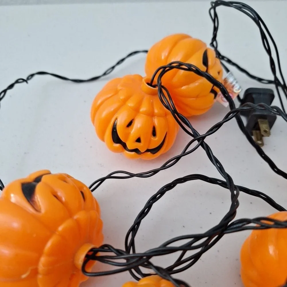Vintage Pumpkin Blow Mold String Lights Jack-o-Lantern 10 Light Work